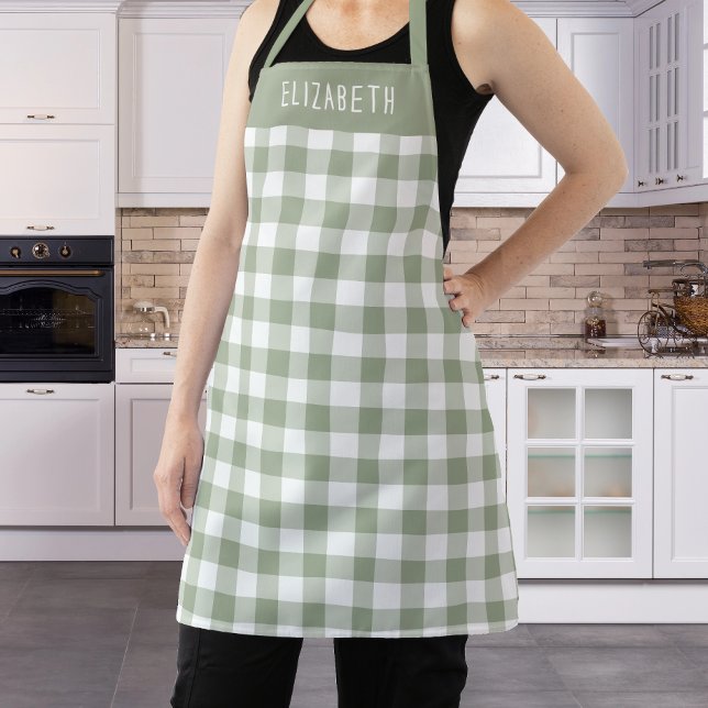 Personalisiertes Salbeigrün Gingham-Karomuster Schürze (Von Creator hochgeladen)