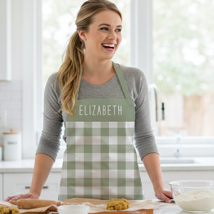 Personalisiertes Salbeigrün Gingham-Karomuster Schürze