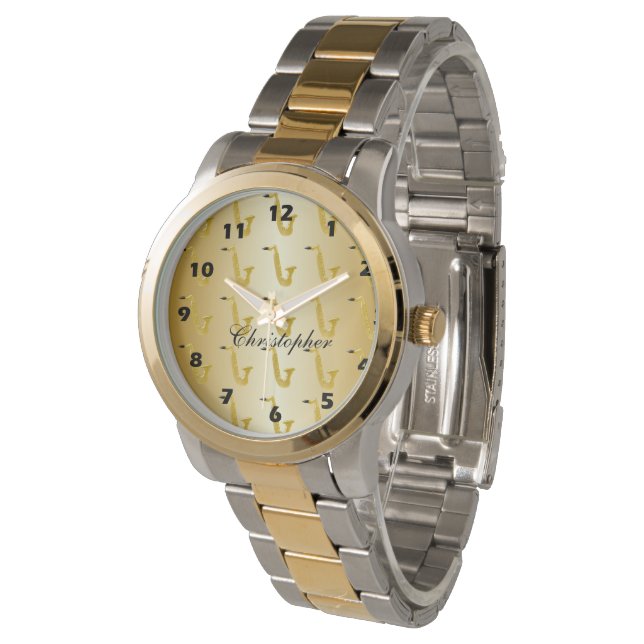 Personalisiertes Saxophon-Design Armbanduhr (Schrägansicht)