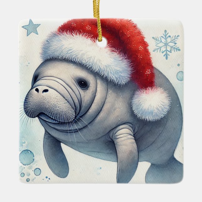 Personalisiertes Schloss mit Weihnachtsmannmütze Keramikornament (Vorderseite)