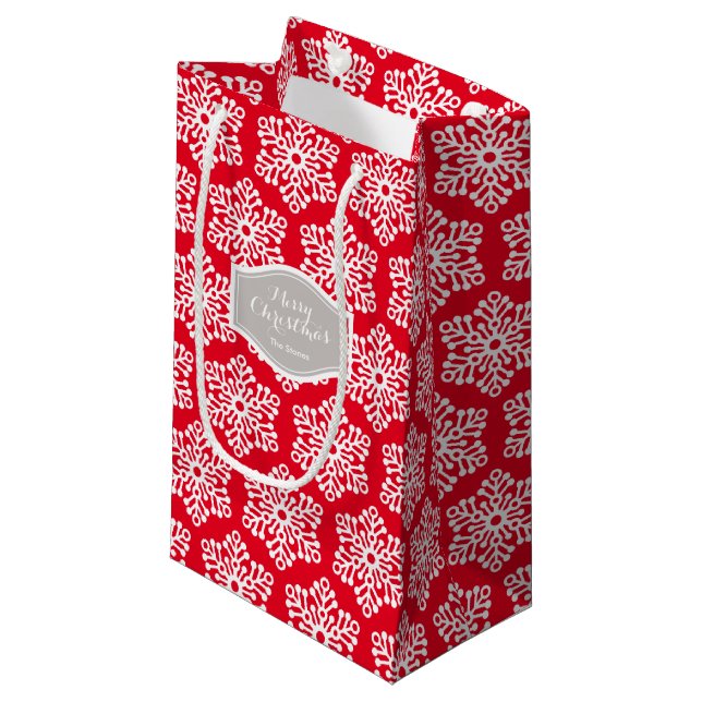 Personalisiertes Schneeflocken-Muster Kleine Geschenktüte (Vorderseite Schrägansicht)
