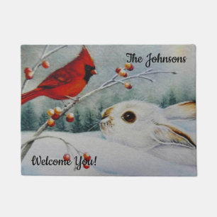 Personalisiertes Schneeschuhrabbit und Red Kardina Fußmatte
