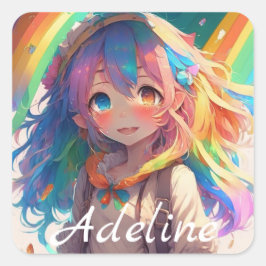 Personalisiertes schönes Regenbogen-Anime-Mädchen Quadratischer Aufkleber