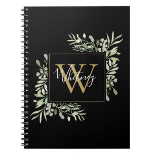 Personalisiertes Schwarz-Gold-Monogramm Greenery F Notizblock