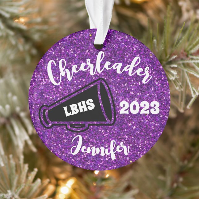 Personalisiertes Schwarz & Lila Cheerleader Orname Ornament (Baum)