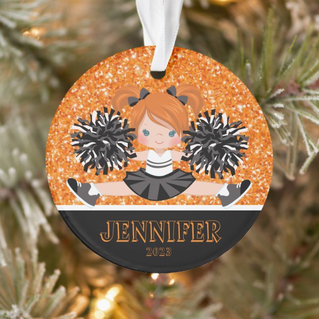 Personalisiertes Schwarz & Orange Cheerleader Orna Ornament (Baum)