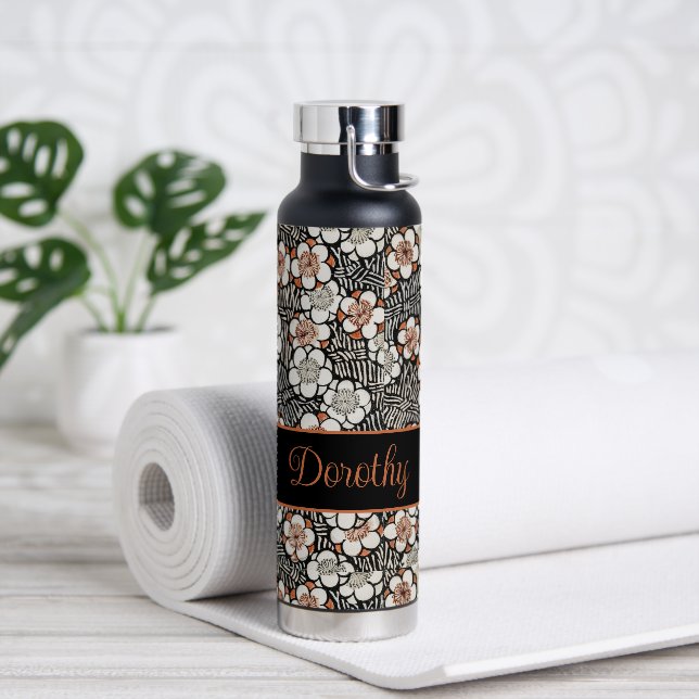 Personalisiertes Schwarz-Rot-Flora-Muster Trinkflasche (Yoga)