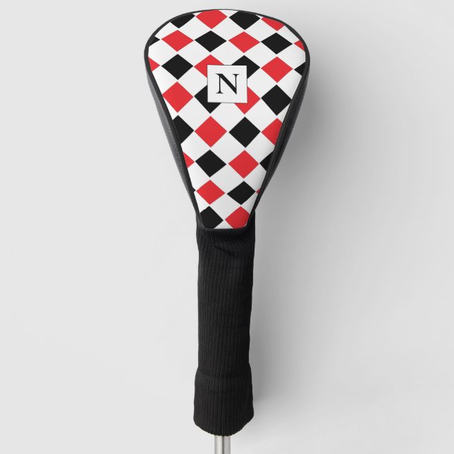 Personalisiertes Schwarz-Rot-Raute-Muster Golf Headcover (Vorderseite)