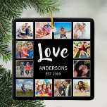 Personalisiertes Schwarz-Schwarz-FotoCollage für b Keramikornament<br><div class="desc">Erstellen Sie Ihre eigene personalisierte 12-Foto-Collage,  Weihnachtsfeiertagsschmuck mit Ihren individuellen Bildern auf einem einfachen,  modernen schwarzen Hintergrund. Die Weihnachtsschmuckfigur enthält auch Ihren Familiennamen,  das etablierte Jahr und eine handgeschriebene "Liebe". Fügen Sie Ihre Lieblings-Fotos,  Designs oder Kunstwerke,  um etwas wirklich Einzigartiges zu schaffen.</div>