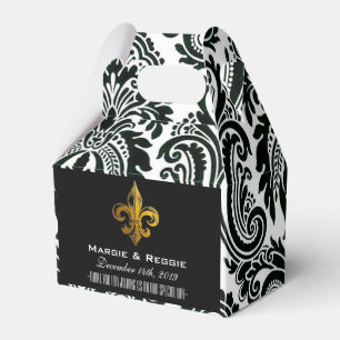 PERSONALISIERTES SCHWARZ WEIß & GOLD FLEUR DE LIS GESCHENKSCHACHTEL