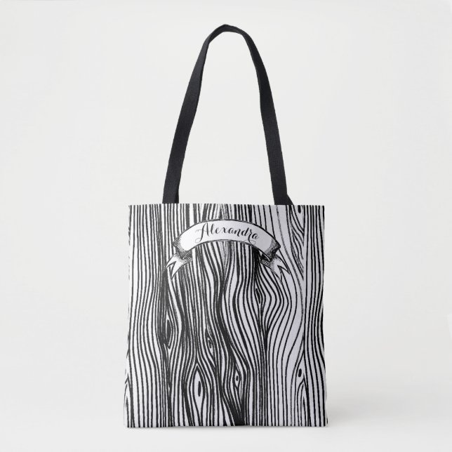 Personalisiertes Schwarz-Weiß-Holzkörnmuster Tasche (Vorderseite)