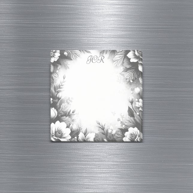 Personalisiertes Schwarz-Weiß-Monogramm mit Blumen Post-it Klebezettel (Featuring a sophisticated monochrome pretty floral pattern, customizable with your initials)