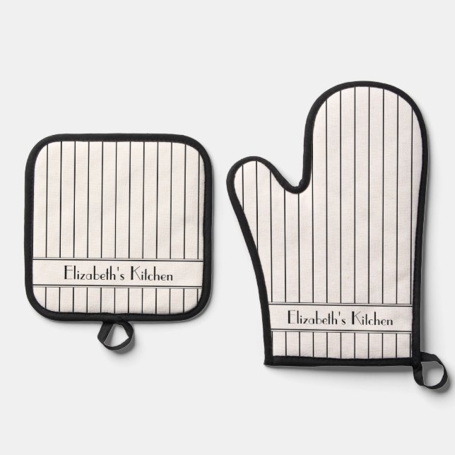 Personalisiertes Schwarz-weißes Pinstrichmuster Ofenhandschuh & Topflappen-Set (Vorderseite)