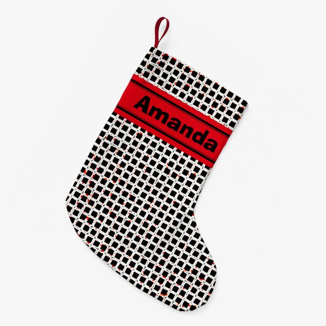 Personalisiertes Schwarz-weißes rotes Muster Kleiner Weihnachtsstrumpf (Vorderansicht (hängend))