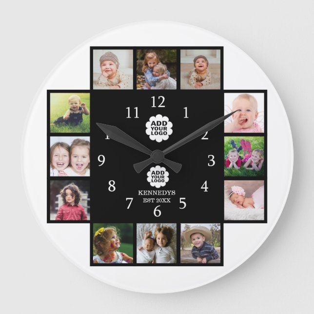 Personalisiertes Schwarzes 2-Logo der Familie 12 Große Wanduhr (Vorderseite)