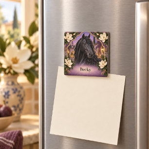 Personalisiertes Schwarzes Andalusier Pferd Lila  Magnet