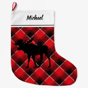 Personalisiertes Schwarzes Elch-Lumberjack-Muster Großer Weihnachtsstrumpf