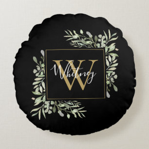 Personalisiertes schwarzes Gold-Monogramm Grünzeug Rundes Kissen