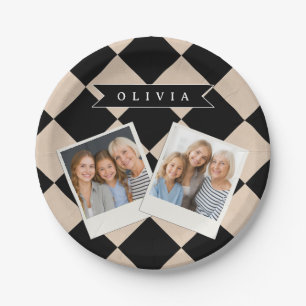 Personalisiertes schwarzes Harlekin-Karo-Diamantmu Pappteller