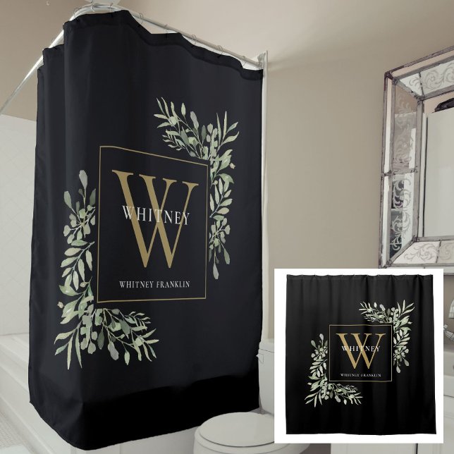 Personalisiertes Schwarzes Monogramm Duschvorhang (Personalized Black Gold Monogram Watercolor Floral Shower Curtain)