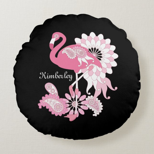 Personalisiertes Schwarzes Rosa Flamingo Rundes Kissen (Vorderseite)