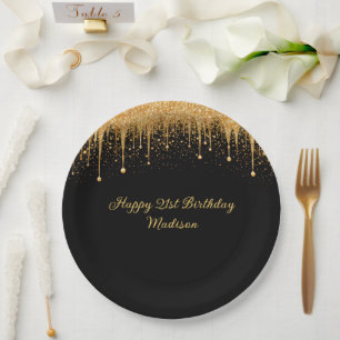 Personalisiertes Schwarzgold tropfendes Glitter-Ge Pappteller