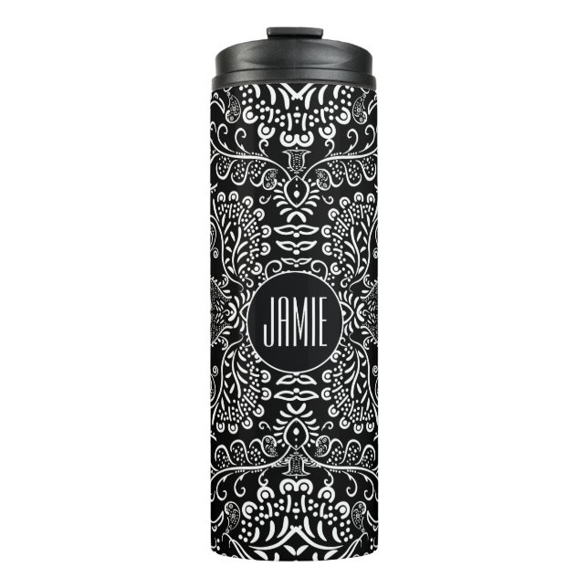 Personalisiertes Schwarzweiß-Mehndi-Muster Thermosbecher (Vorderseite)