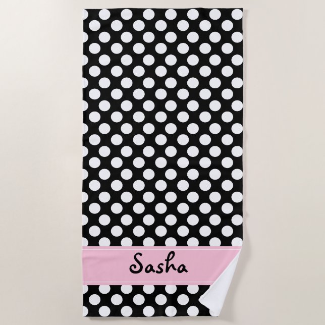 Personalisiertes Schwarzweiss-Polka-Punkt-Badetuch Strandtuch (Vorderseite)