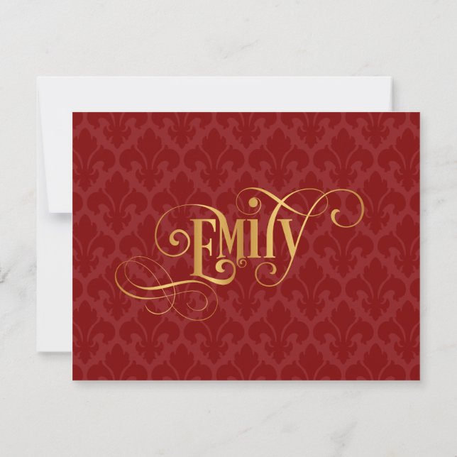 Personalisiertes Script Emily Gold Red Fleur-de-Li Einladung (Rückseite)