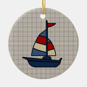 Personalisiertes Seesegelboot-Blau/TAN-Jungen Keramikornament