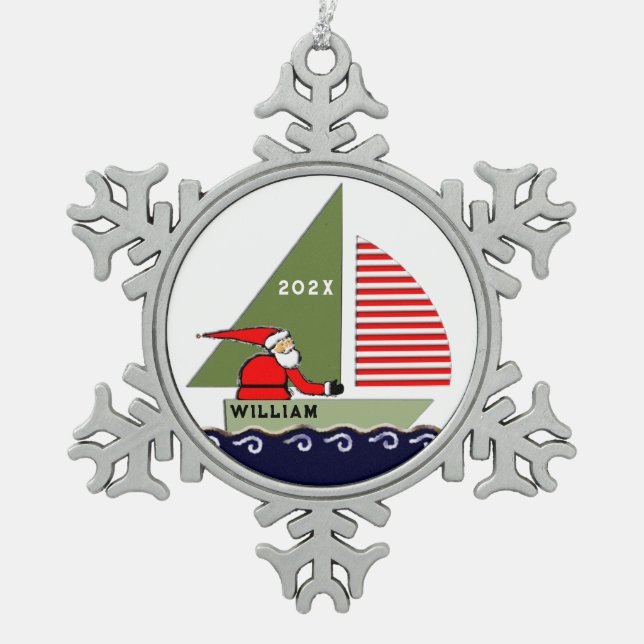 Personalisiertes Segelreisen Schneeflocken Zinn-Ornament (Vorderseite)