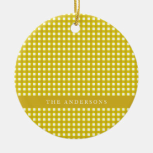 Personalisiertes Senfgelb Gingham Karo Keramik Ornament