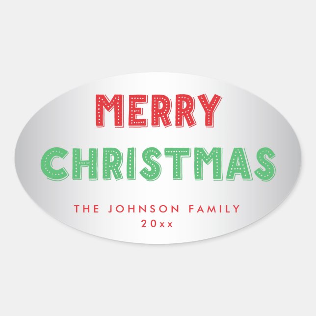 Personalisiertes Silber Frohe Weihnachts Oval Stic Ovaler Aufkleber (Vorderseite)