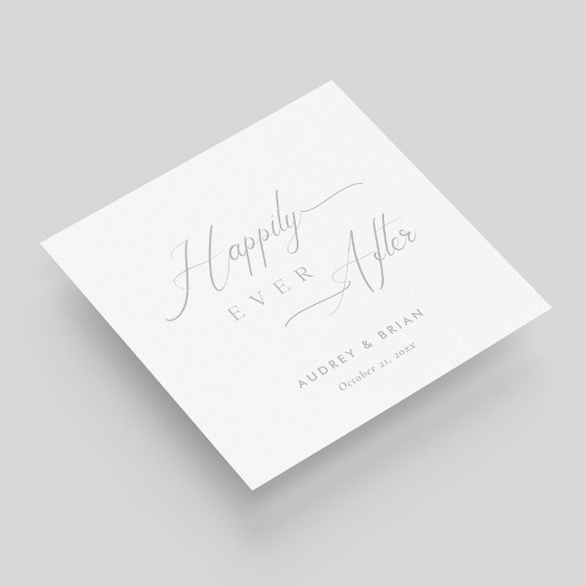 Personalisiertes Silber "glücklich immer nach" Hoc Serviette (Silver on White "Happily Ever After" Wedding Napkins)