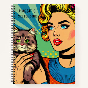 Personalisiertes Skizzenbuch Retro-Dame und Katz Notizbuch