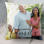 Personalisiertes -Skript-Schwarzes Overlay 2 Foto Kissen<br><div class="desc">Personalisiertes Foto-Kissen mit elegantem Textrahmen. Die Fotovorlage ist für Sie ein Set, um Ihre eigenen Bilder hinzuzufügen - eines der Vorder- und eines auf der Rückseite. Auf der Vorderseite befindet sich auch das Texteüberlagern, das Sie mit Ihrem Familiennamen personalisieren können. Die Familie wird handschriftlich in elegantem Schrift geschrieben, während Ihr...</div>