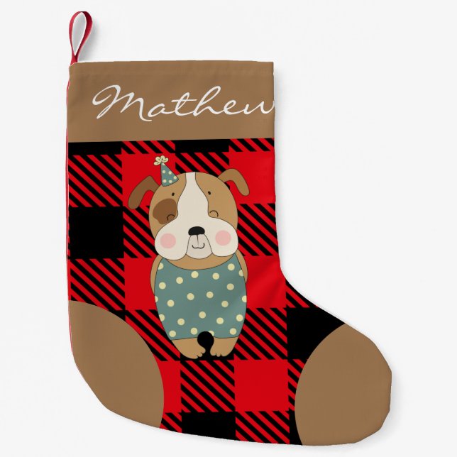 Personalisiertes Skript Trendy Büffel kariert rot  Kleiner Weihnachtsstrumpf (Vorderseite)