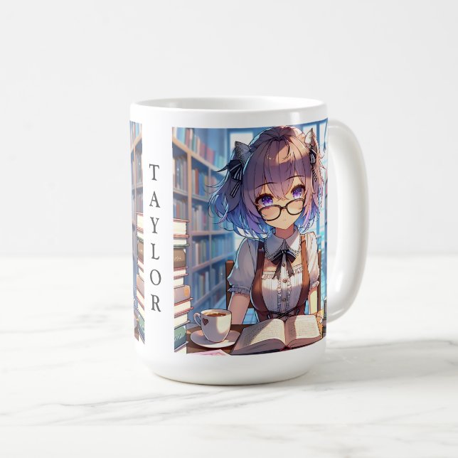 Personalisiertes Smart Anime Girl in der Bibliothe Kaffeetasse (VorderseiteRechts)