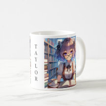 Personalisiertes Smart Anime Girl in der Bibliothe