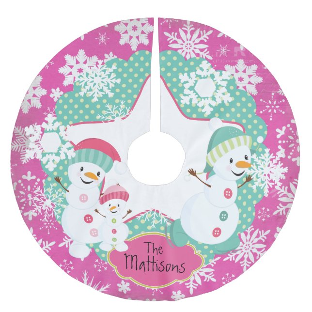 Personalisiertes Snowman Family Holiday Tree Skirt Polyester Weihnachtsbaumdecke (Vorderseite)