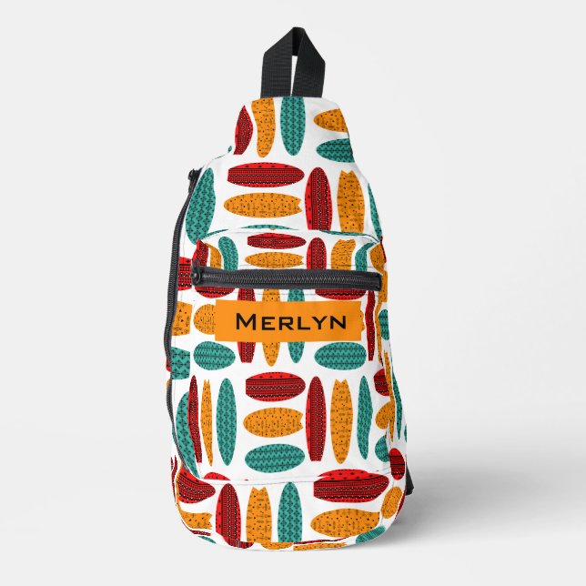 Personalisiertes Stammestafel-Surfbrett-Muster Crossbody Bag (Vorderseite)