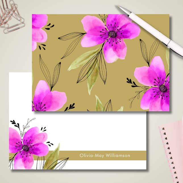 Personalisiertes Stationieren in Pink Floral Mitteilungskarte (Pink floral watercolor notecards with personalized name )