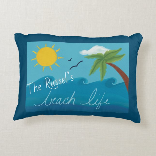 Personalisiertes Strandleben mit Palmen und Ozean Dekokissen (Rückseite)