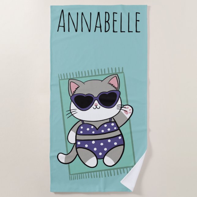 Personalisiertes Strandtuch Beach Kitty Blue (Vorderseite)