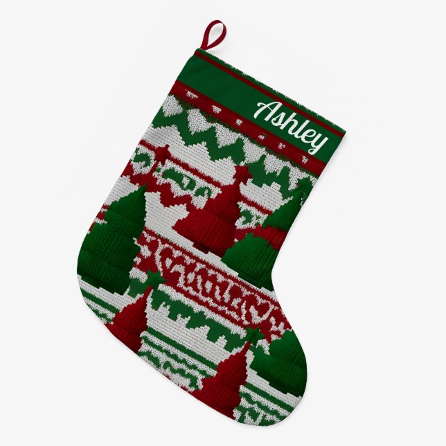 Personalisiertes Strickbaummuster Großer Weihnachtsstrumpf (Vorderansicht (hängend))