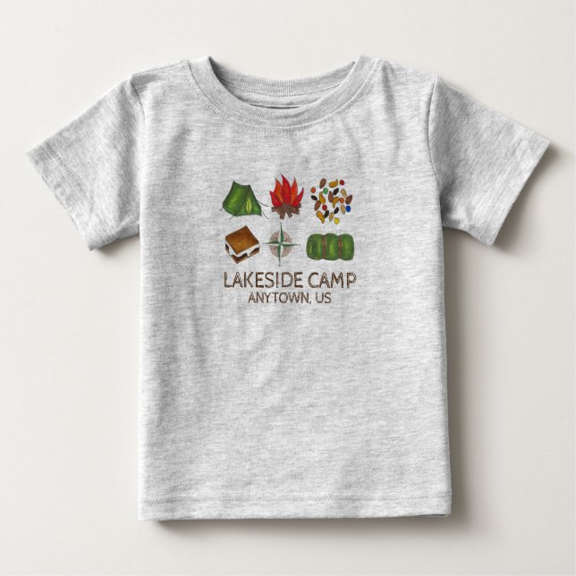Personalisiertes Summer Camp Camping Zelt Campfire Baby T-shirt (Vorderseite)