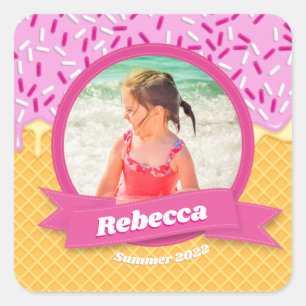Personalisiertes Summer Pink Ice Creme Waffeln Fot Quadratischer Aufkleber