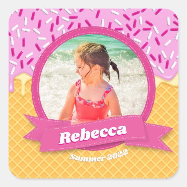 Personalisiertes Summer Pink Ice Creme Waffeln Fot Quadratischer Aufkleber (Vorderseite)