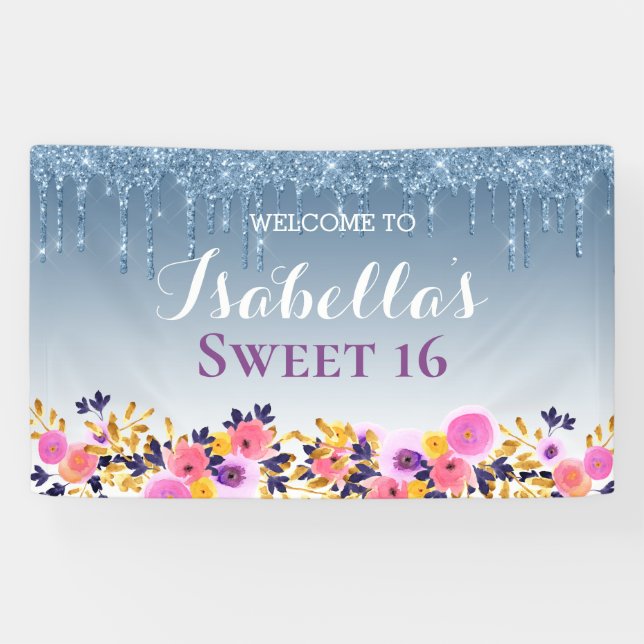 Personalisiertes Süß 16 | Glitzer zum Blumentropfe Banner (Horizontal)