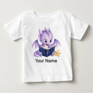 Personalisiertes süßes Drache-Lesen-Sterne-Geschic Baby T-shirt